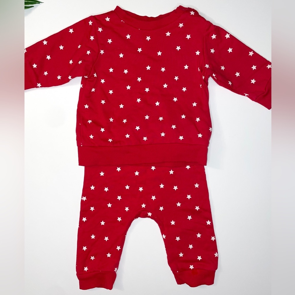 H&M Baby Jogger Set, Organic Cotton Red+White Stars, Sweatshirt+Pants, 2-4M